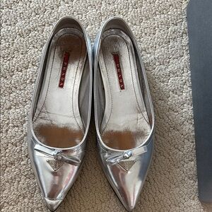 Prada Silver Pointed Toe Flats with Bow
